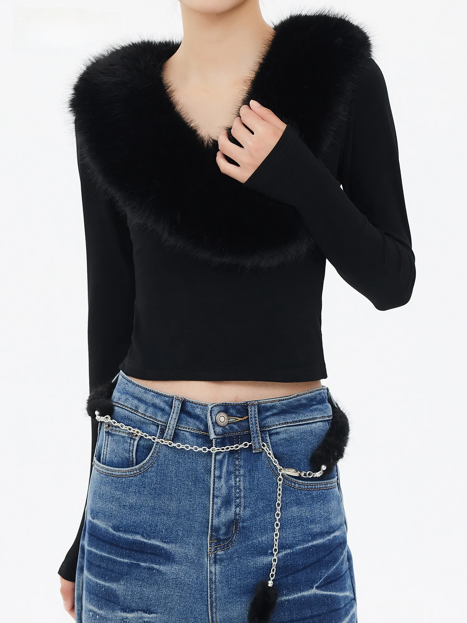 

Ele Long Sve V-Ne T-irt Women's Slim Fit Design Bla Winter New Sle Retro Faion Lady's Coat with Fur Collar