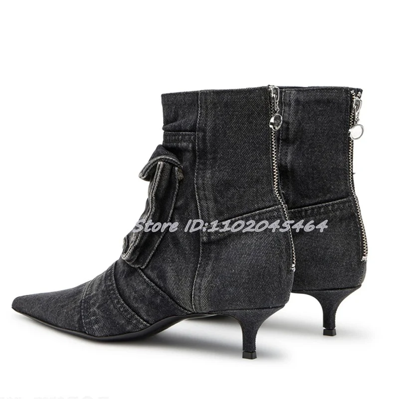 Black/Blue Denim Low Heels Ankle Boots Pointed Toe Pockets Zipper Sexy 2024 Winter New in Booties Luxury Designer Women's Shoes image 5