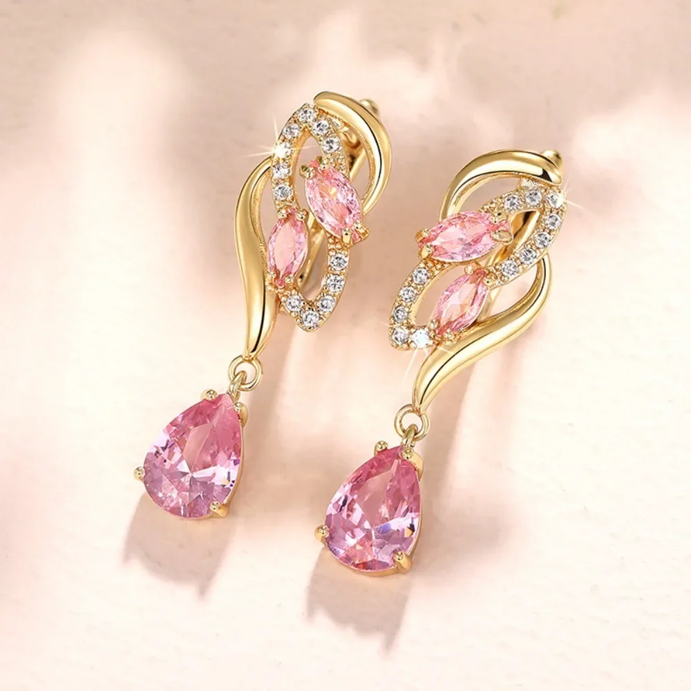 

1Pair Exquisite Luxury Teardrop Pink Crystal Zircon Clip-On Earrings for Women, Gold Plated Geometric Twisted Design with Clear Accents, No Piercing Dangle Pendant Earrings, Designer Jewelry Gift