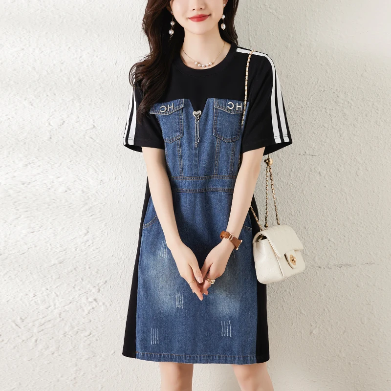 

Summer New Sle Women's Loose Fit Striped Denim Dr Faionable Agel Midi Skirt Commute Sle ort Sve round Ne
