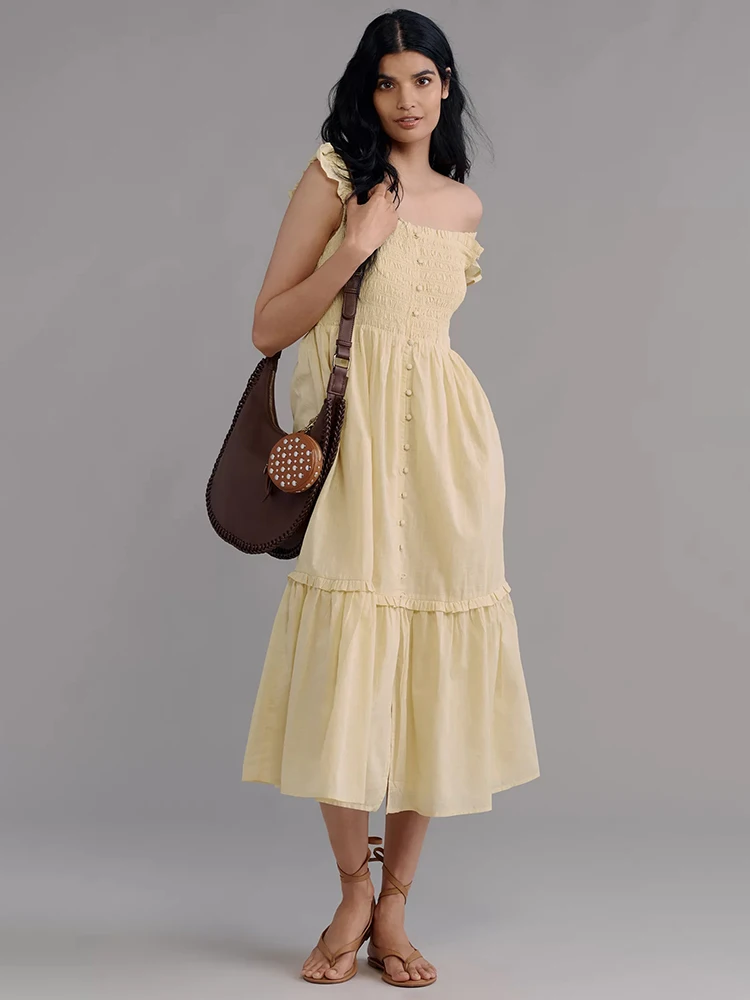 

Casual Off-Shoulder Yellow Tiered Long Dress with Button Details – Summer Vacations Picnics Beach Days Dress for Women