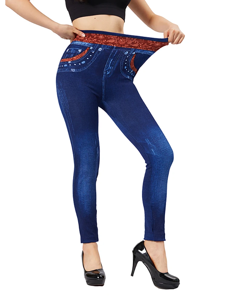 

VISNXGI Women Denim Leggings Red Belt Pockets Printed False Jeans Slim Fit Elastic Faux Jeggings Dark Blue Pencil Pants