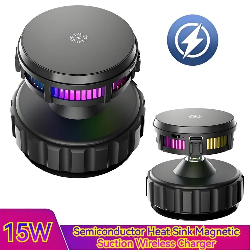 

15W Suction Cup Magnetic Wireless Charger with Semiconductor Cooling Universal for Phones, Ideal for Car, Kitchen, Office & Gym