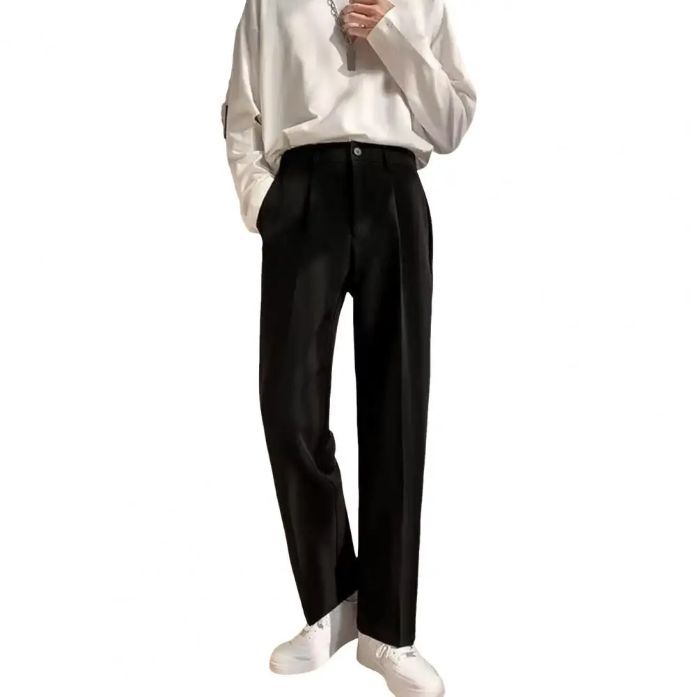 Men Office Trousers Elegant Men's Wide Leg Suit Pants with Side Pockets Formal Business Style Trousers with Elastic Waistband