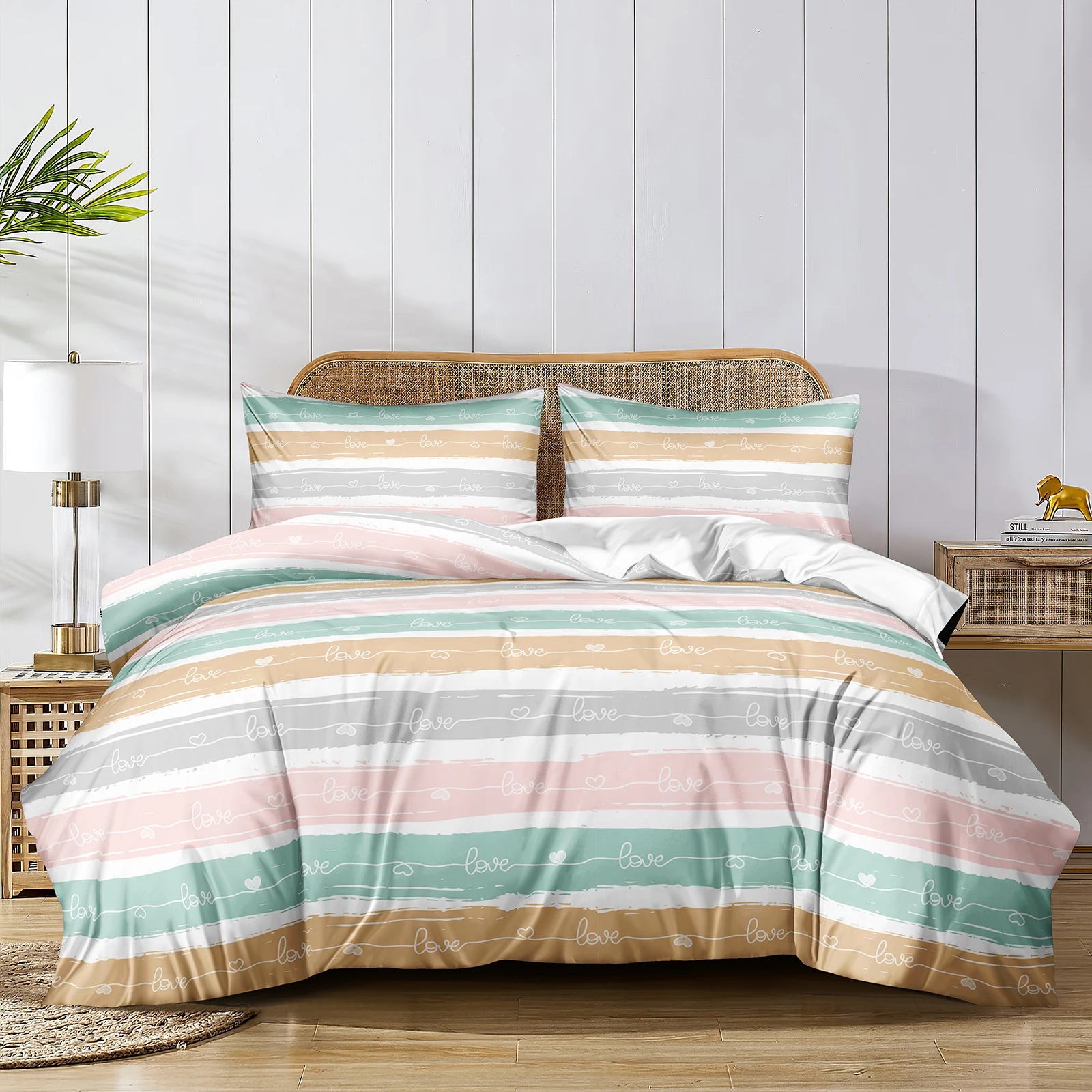 Rainbow Duvet Cover Set Colorful Stripe Bedding Set Modern Love Letter Printed Farmhouse Bed Set for Adult Woman Girls