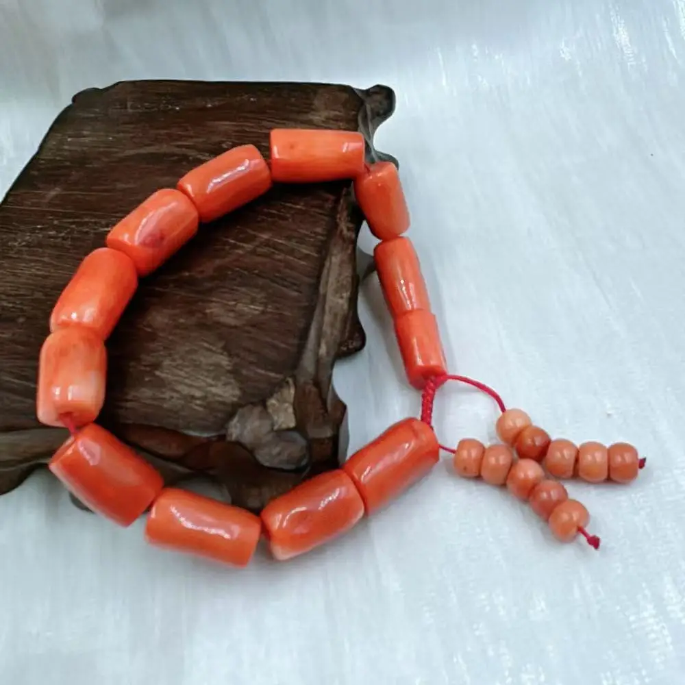 Vintage Tibet Aka Natural Column Orange Sea Bamboo Coral Gems Beads Woman Jewelry  Elastic Bracelet 7-8