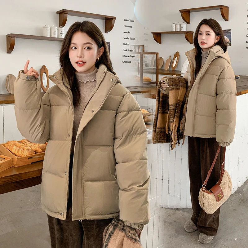 Realistic shooting style cotton jacket with detachable cap, suitable for casual wear by men and women, simple solid color loose