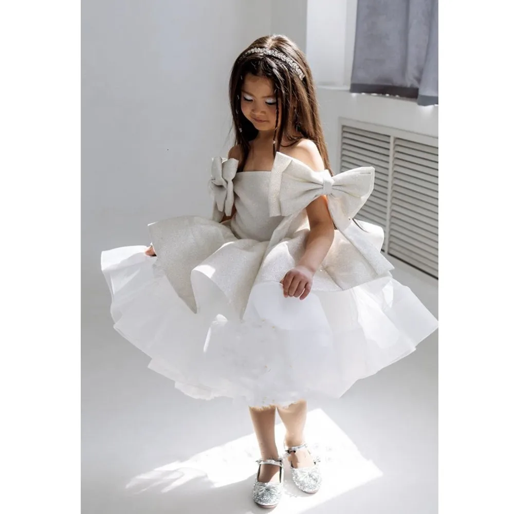 

Flower Girl Dresses White Tutu Bow Shoulder Dance Prom Party Gowns Summer Off Shoulder Girls Birthday Dress