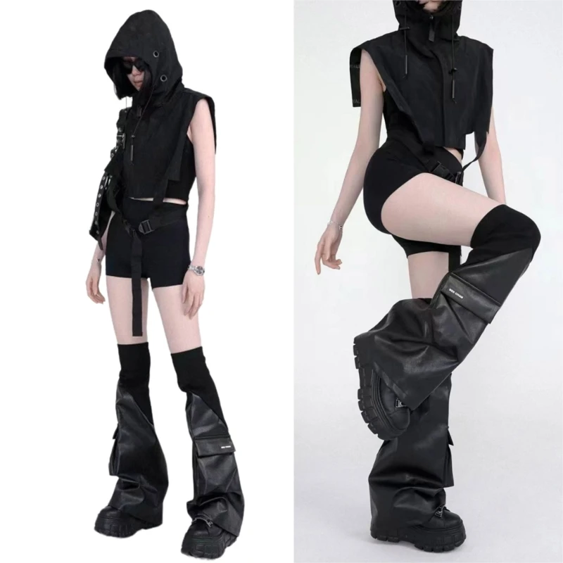 Harajuku PU Leather Leg Warmers Gothic Punk Long Socks Flared Leg Sleeve Gaiters Goth Winter Cuffs Ankle Heap Socks