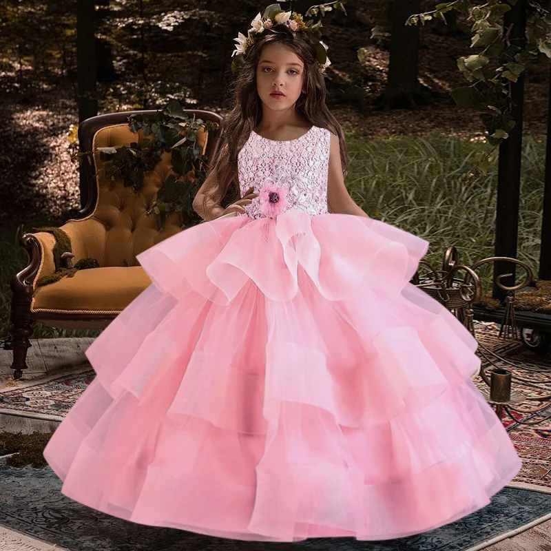 Girls\' embroidered princess dress 4-12 years old lace sleeveless mesh cake dress high-end performance dress for banquet hosts