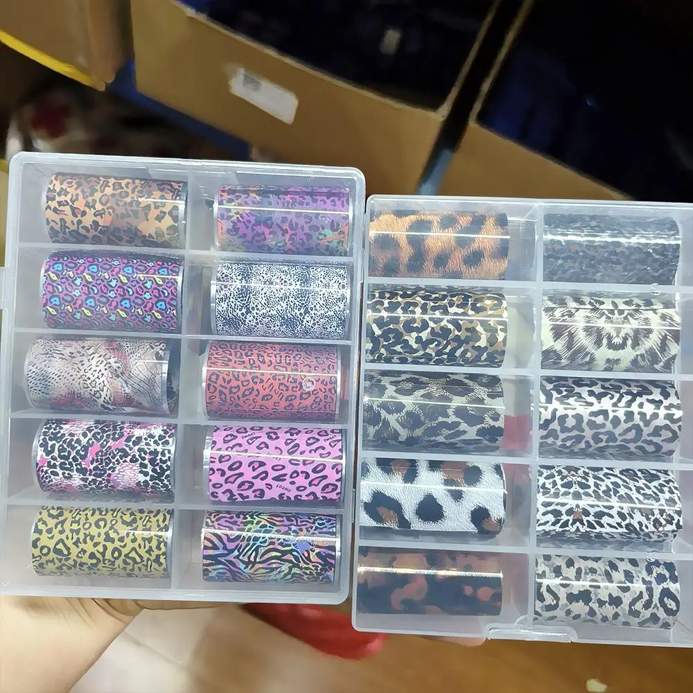 10 Rollen sexy Nagelfolien-Transferaufkleber mit Leopardenmuster, 4 x 50 cm, Zebra-Bernstein-Tierhautmuster, Nagelfolien, coole Mädchen-Maniküre-Dekoration
