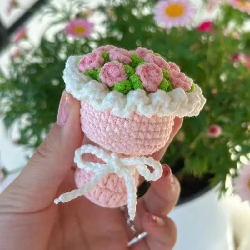 Handmade Knittin Roses Bouquet Crochet Finished Art and Crafts With Needles Knittin Dolly&Bag Charms Key Ring Knitting Supplies