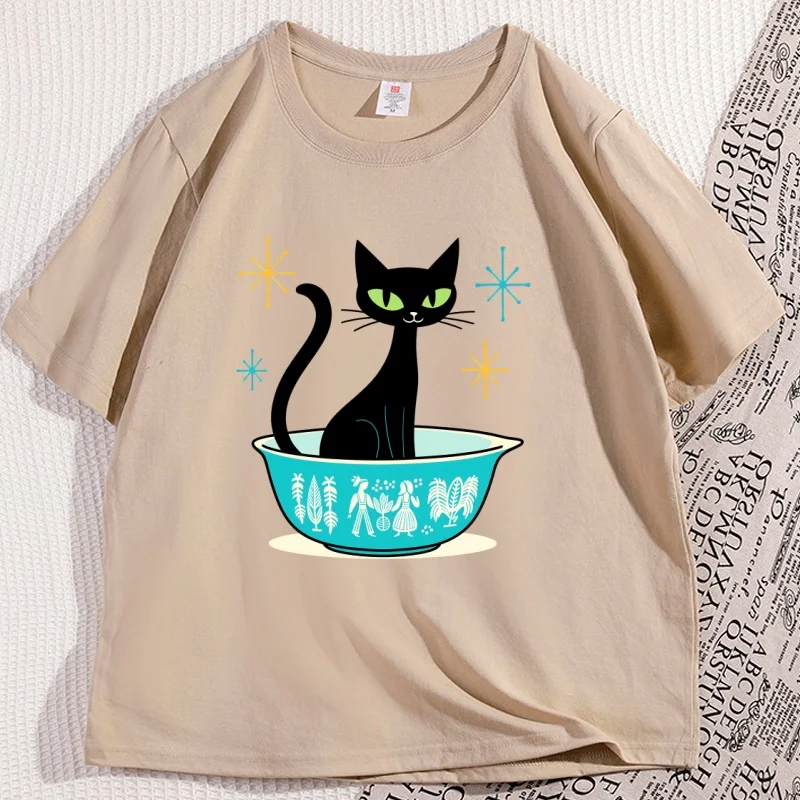 

Vintage Cat in Bowl T Shirts Soft Cotton Short Sleeve Tee Shirt Streetwear Cotton Printed Round Neck Short Sleeve Tees