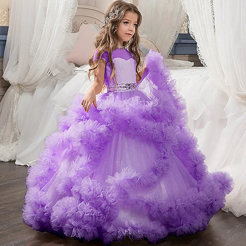 Fancy Puffy  Flower Girl Dresses for Wedding Pageant Dresses for Girls Long Kids Ball Gowns Vestido de Tulle