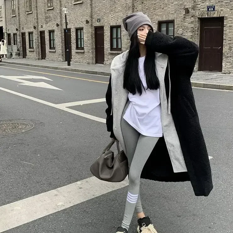 

Fake two pieces of imitation lamb wool hooded cotton-padded coat for women's winter new versatile thickened knee medium and