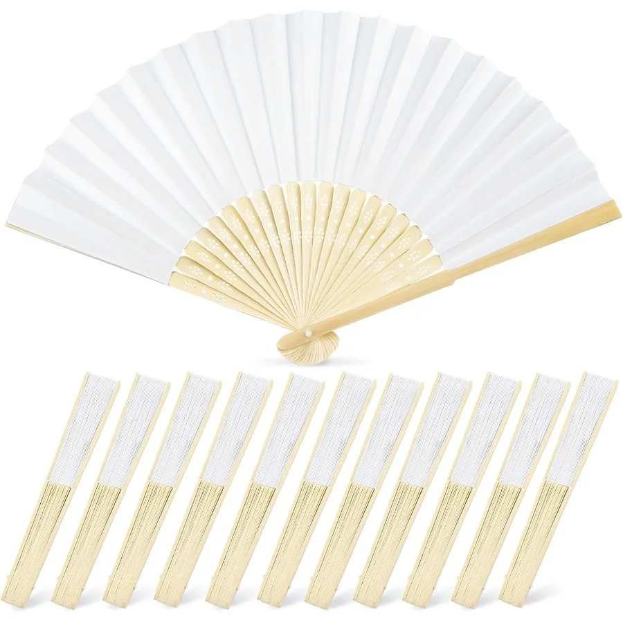 

12 шт. бумажные ручные веера, складные 8,3-дюймовые белые бумажные вееры, портативные портативные вееры для свадебной вечеринки, свадебный душ, напиток