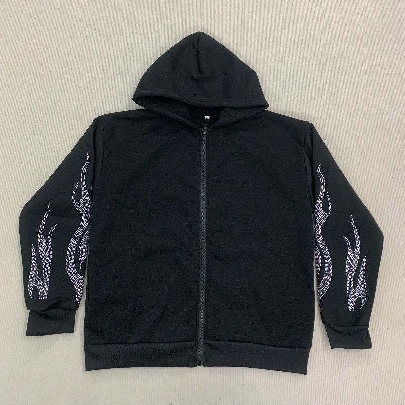 Flamme Muster Strass Mode Lässig Hoodies Gothic High Street Schwarz Vintage Trend Frauen Lange Sleeve Zipper Strickjacke Mantel