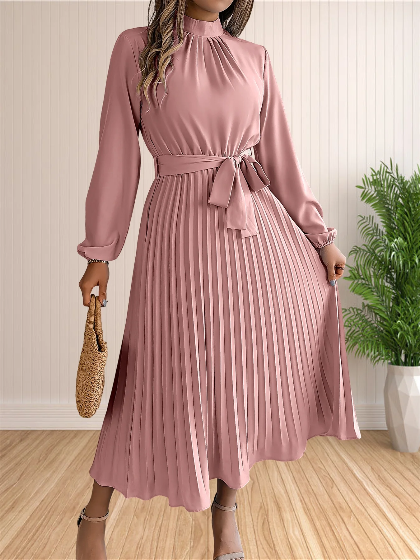 Women's Long Dresses Summer Elegant Pleated Long Sleeveed Lace Up Dresses Beach Boho Wrap Ruffle Hem Swing Sundress