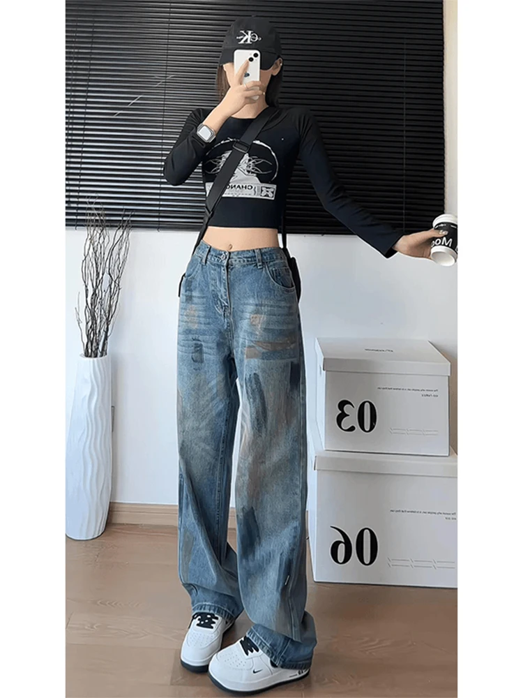 

American High Street fiti Denim Jeans Men's Straight Leg Slimming Knife Design Sense Cool Sle Dir Pants