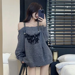 Gidyq Sexy Off Shoulder Sweater Women Korean Chic Harajuku 3D Patchwork Knitted Tops Autumn New Streetwear Sweater Pullover Y2K