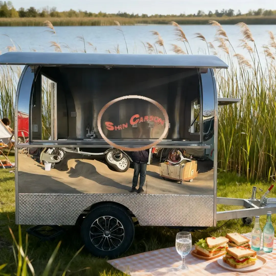 

Mobile Food Concession Trailer Stainless Steel Street Vending Cart with Shelves And Electrical Outlets