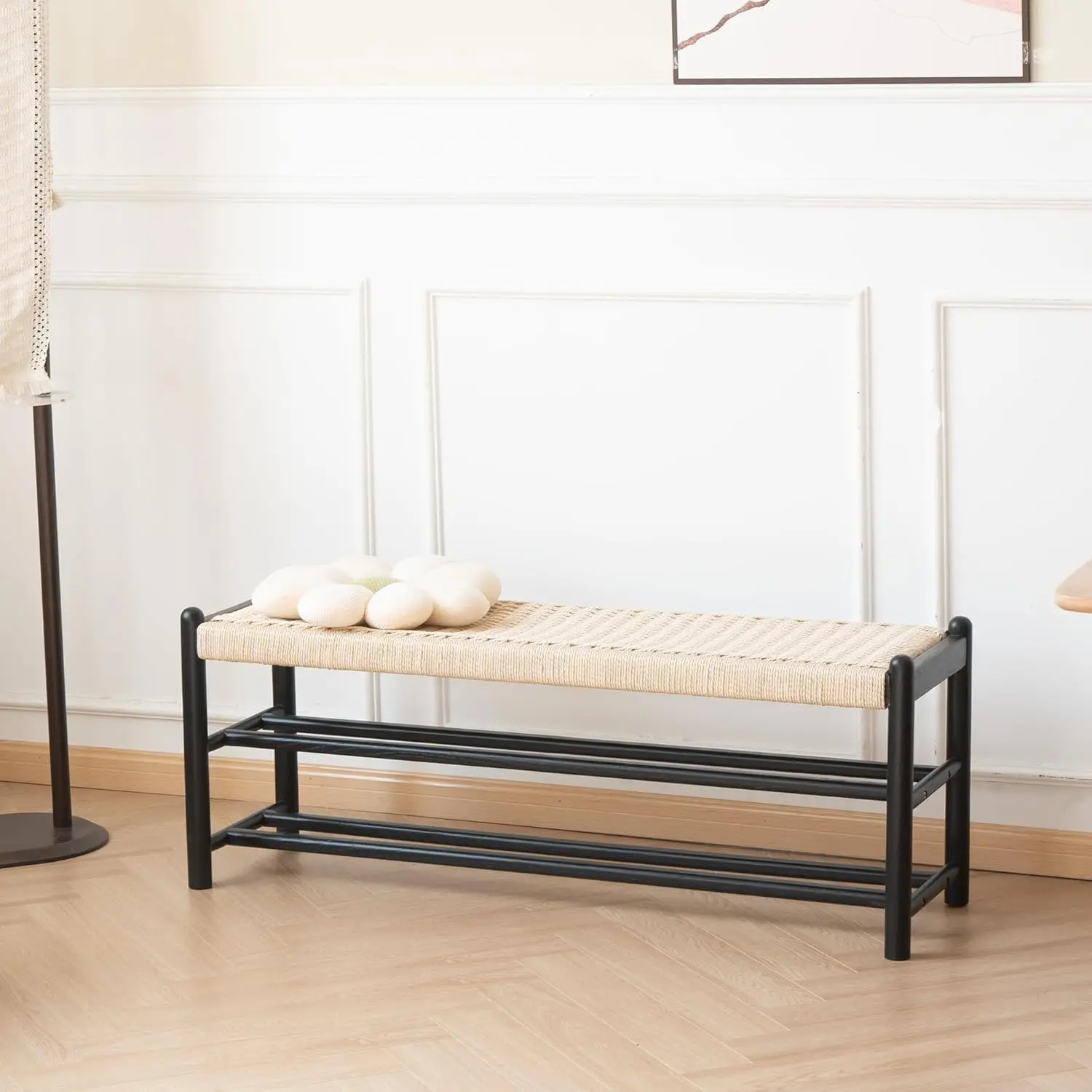 

Solid Wood Entryway Bench with Shoe Storage, Rustic Oak, 45 Inch, 3-Tier Black