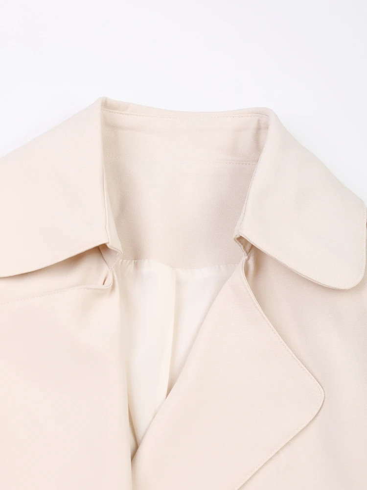 [EAM] Frauen Beige Kurze Gürtel Casual Graben Neue Revers Langarm Windjacke Mode Flut Frühling Herbst 2024, CPG1179