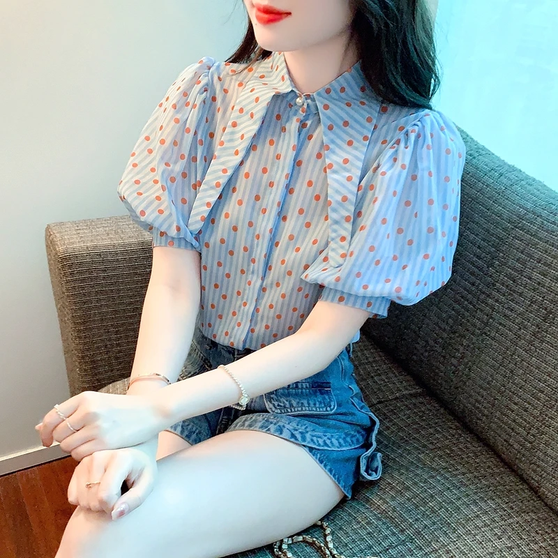 New Summer Fashion Short Puff Sleeve Blouses 2024 Vintage Dot Print Stylish Elegant Turndown Collar Sweet Shirts Blue Tops 27484