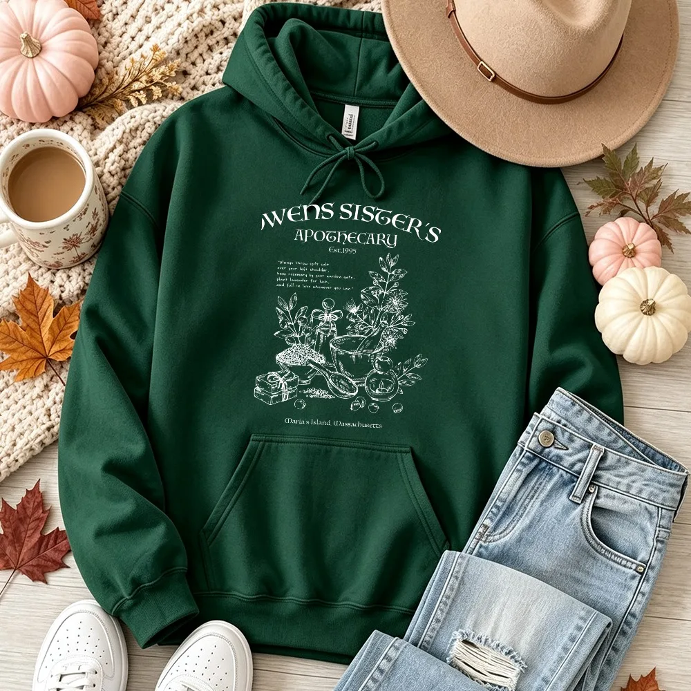 Awen's Sister's Apothecary Vintage Witch Potion Herbs Pullover Hooded Sweatshirt Gothic Herbal Magic Potion Jar Print Casual Top