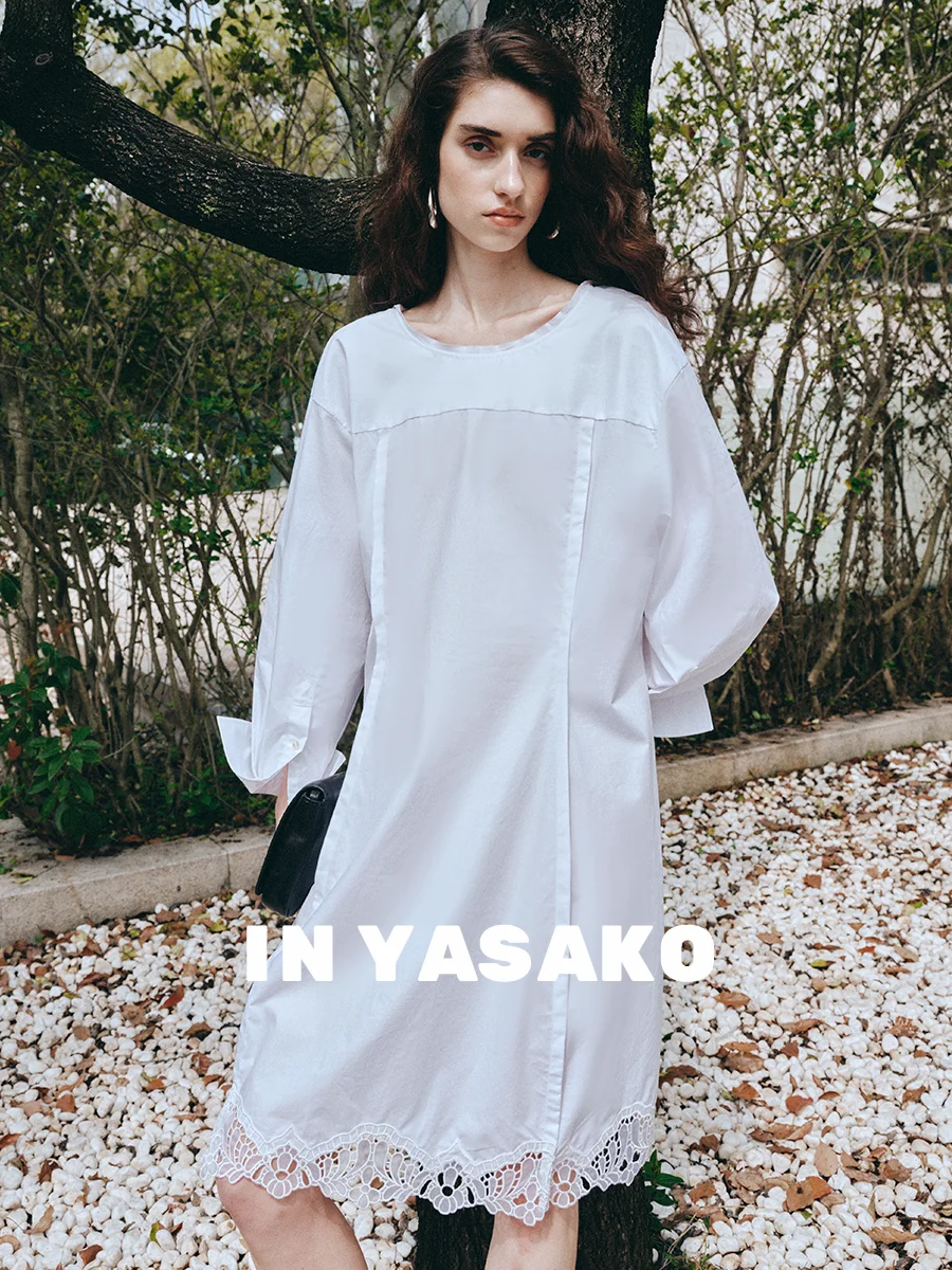 

Платье-рубашка Yasako с кружевными вставками и длинными рукавами, повседневное, из 100% хлопка, с бантом на талии, фасон H, для молодых женщин, на каждый день