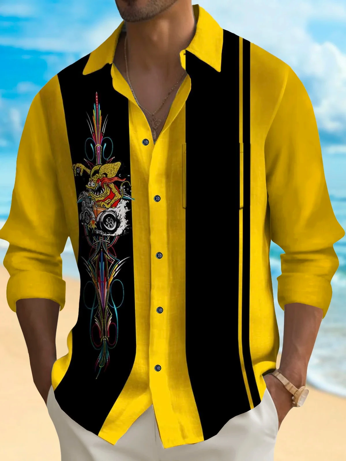

2025 Men's Kitten Stripe Print Long Sleeve Shirt Fashion Design Luxury Long Sleeve Tops Men's Four Button Lapel Shirt