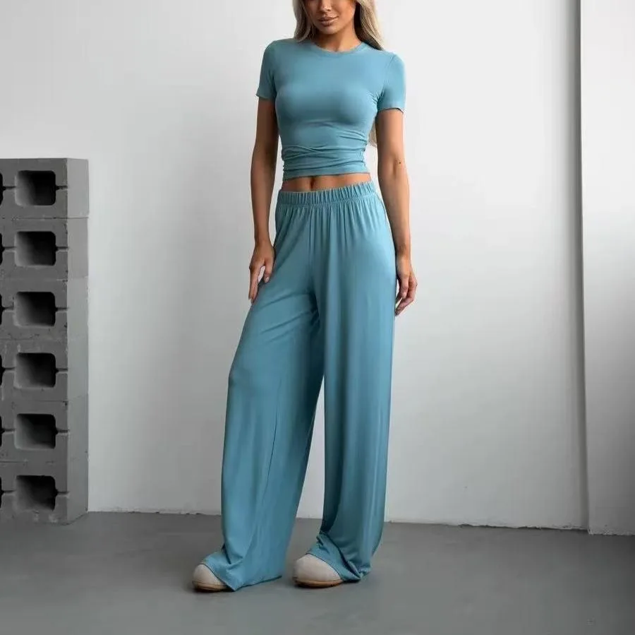 

2026 Women's Knitted Short Sleeve T-Shirt Trousers Set Two Pieces Casual Interior Base