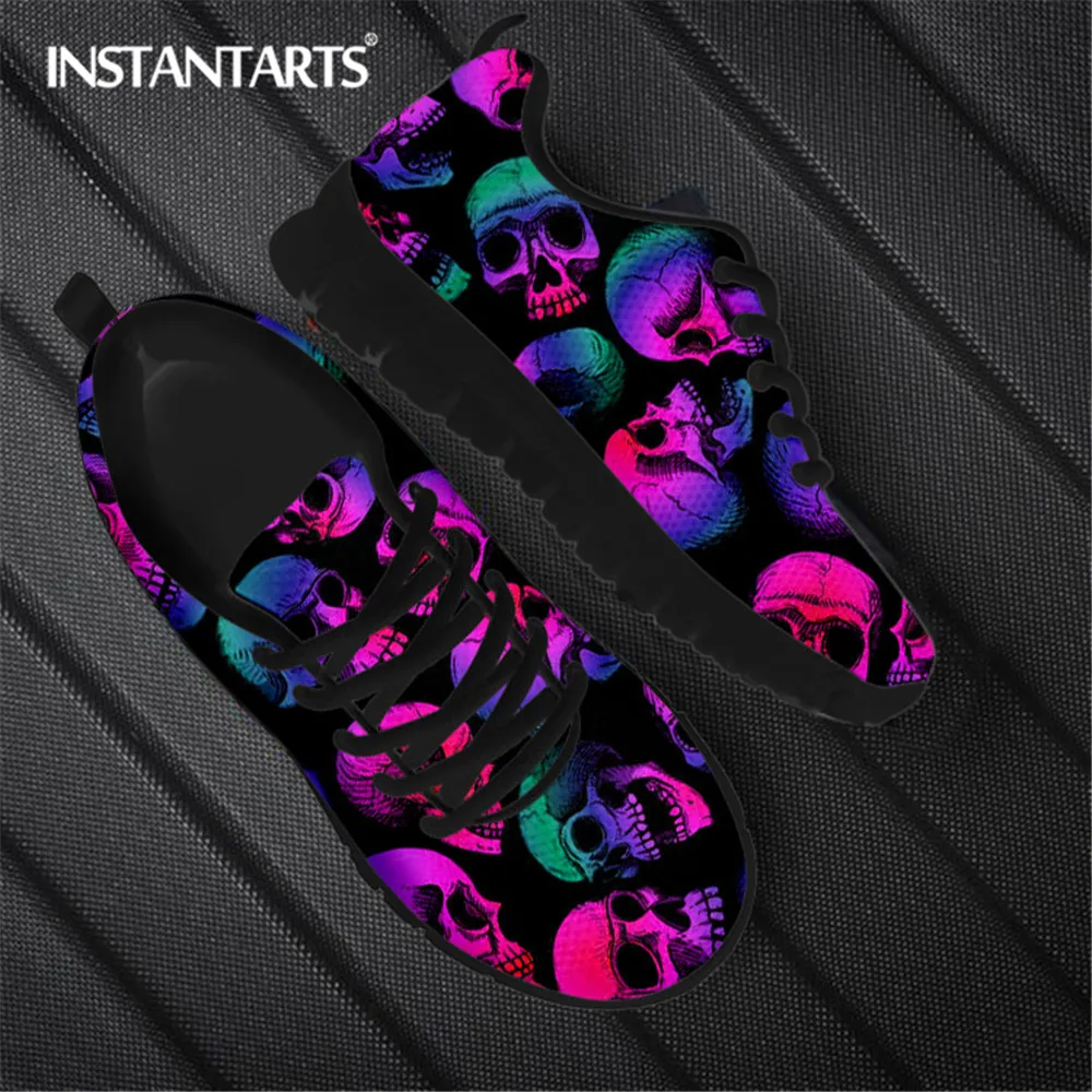 Vintage Gradient Skull Pattern Women Casual Sneaker Lightweight Lace Up Flat Shoes For Ladies Soft Footwear