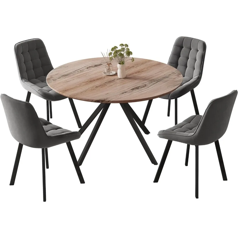 Round Table Set for 4-6 Person, 35.5" Wooden Dining Table Set, Modern Kitchen Table with Upholstered Chairs