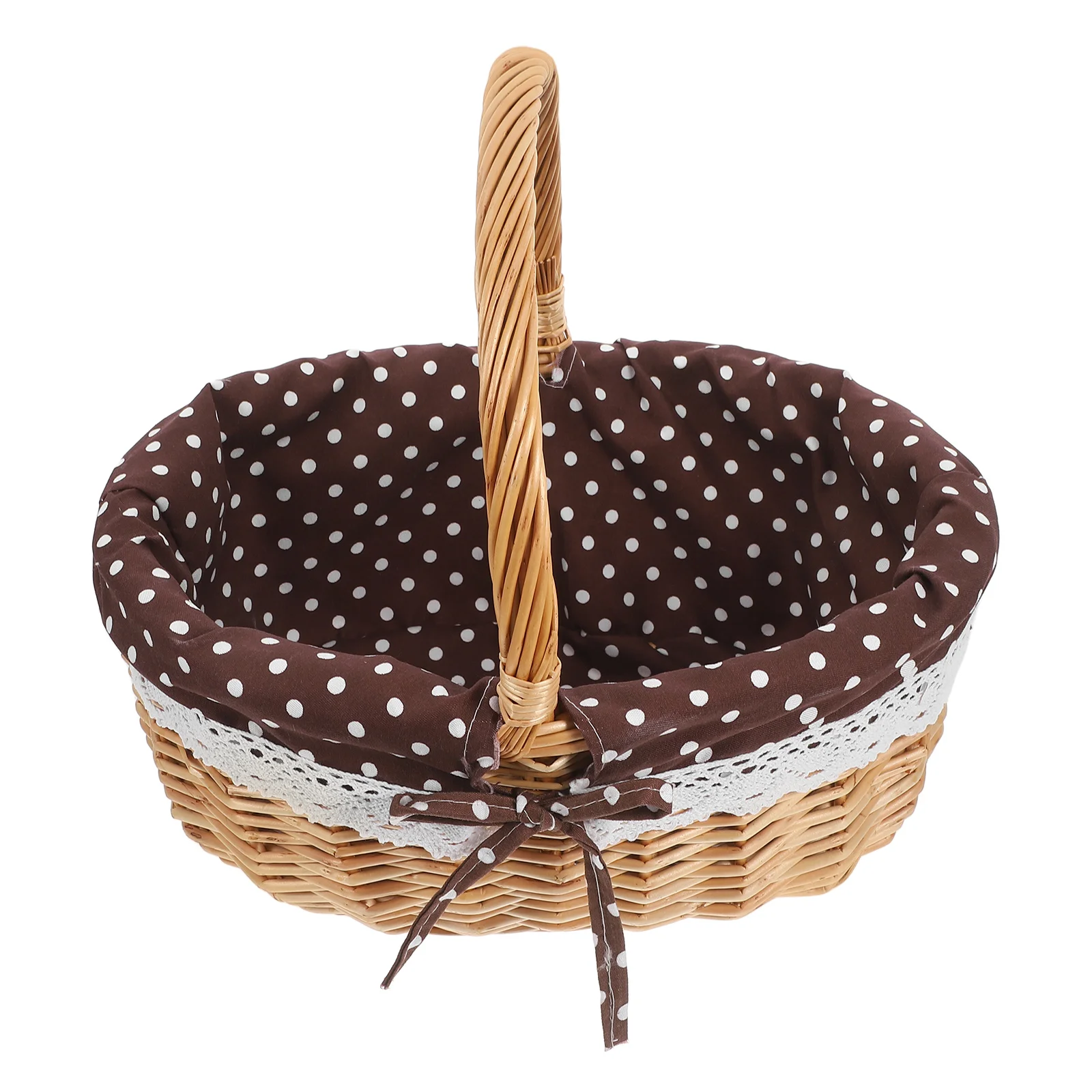 

Rattan Storage Basket Primary Color with White Dots Handheld Snack Bowl Display Food Fruit Picnic Bamboo Harvest