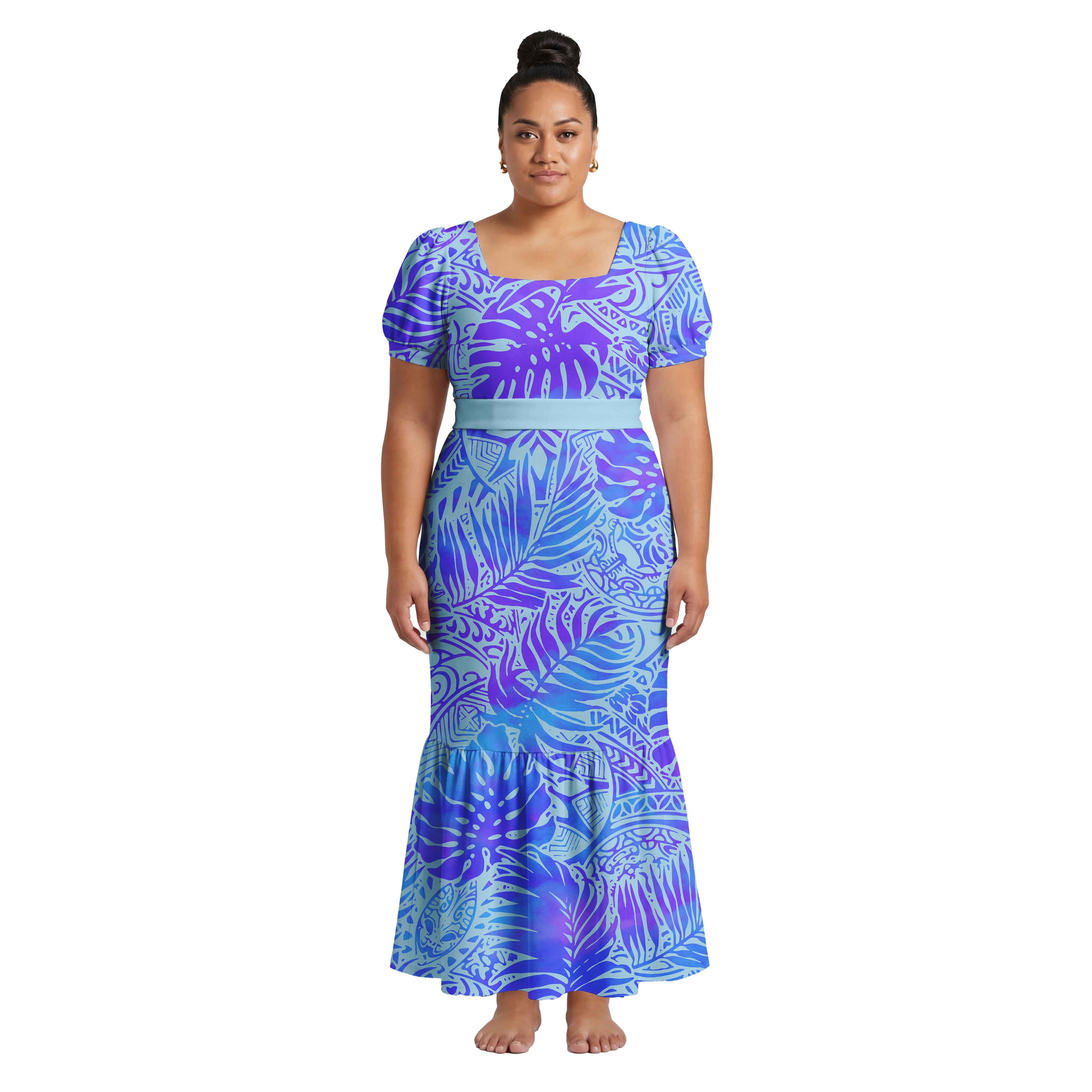 

New Arrivals Samoan Polynesian Elegant Floral Print Ladies Plus Size Dresses Hawaii Square Neck Lace-up Fishtail Dress for Women