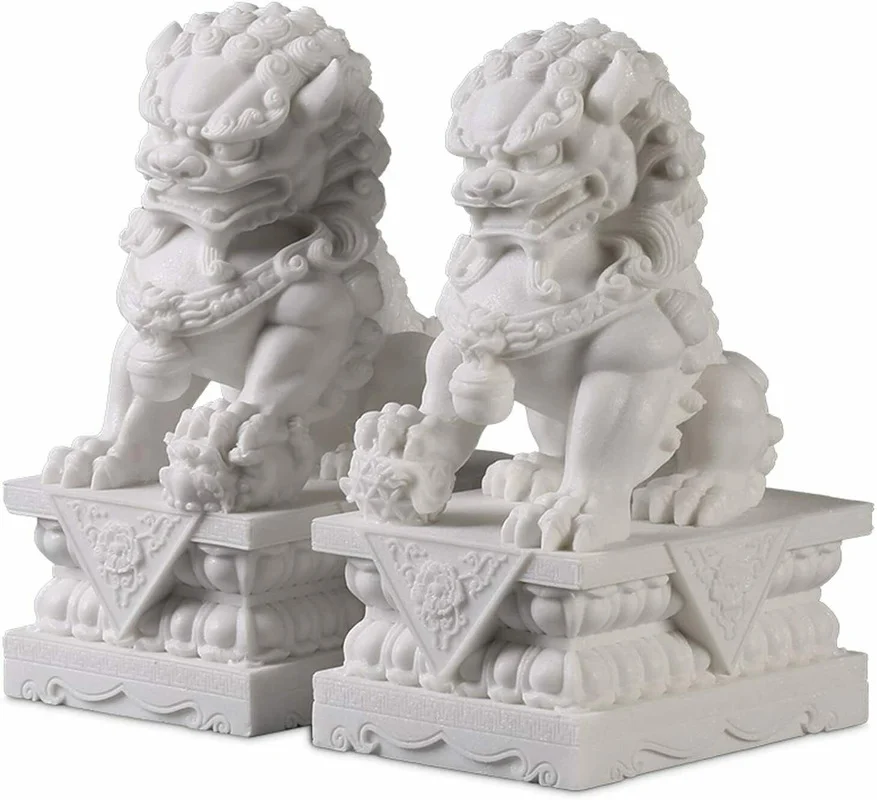 Foo Dogs Statues Pair Marble Feng Shui Guardian Lion Statues 10Cm/3.9In