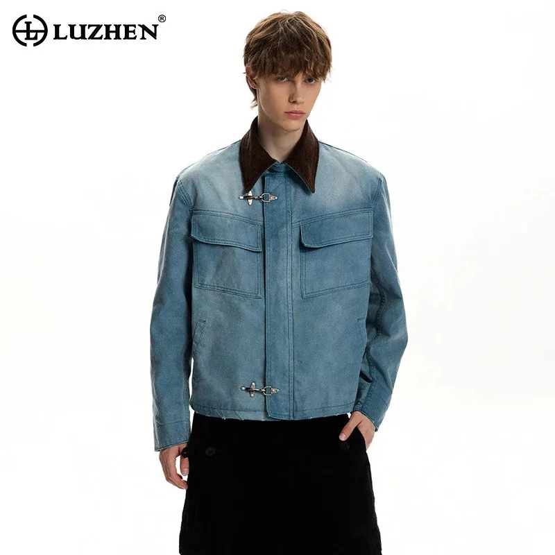 LUZHEN 2026 New Wornout Tie-dyed Design Pockets Decorate Lapel Denim Jacket Men's Fashion Handsome High Quality Clothes JY9274