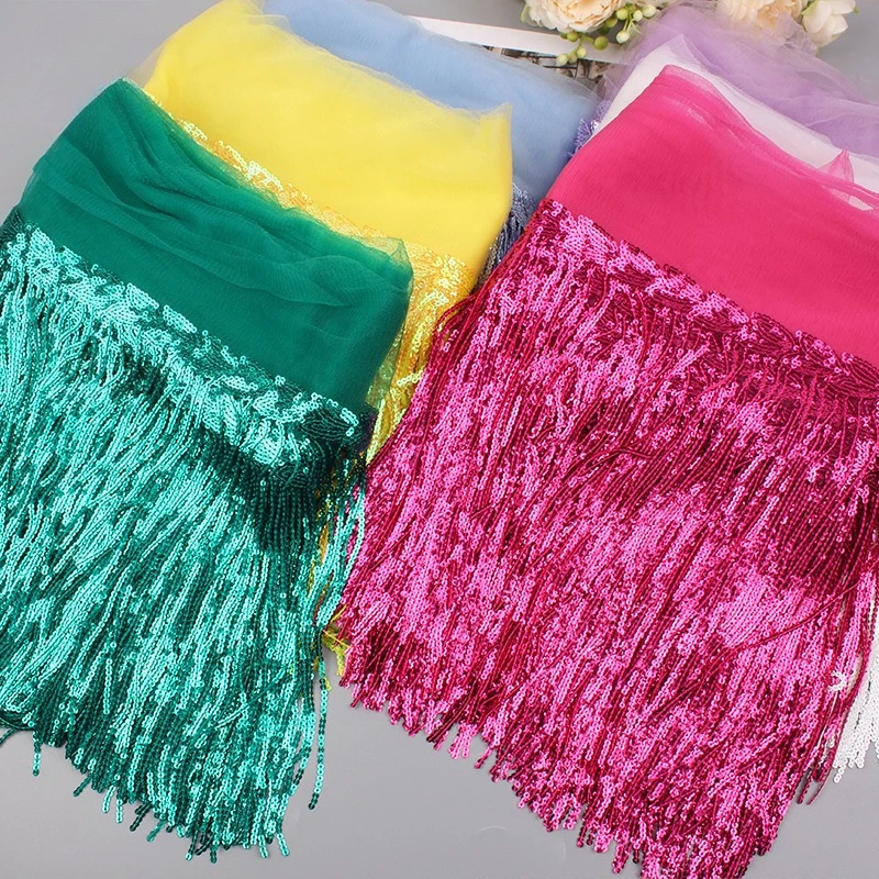 10 หลา/Lot ขายส่ง 20 ซม.Sequins พู่ Fringed Lace Trim เสื้อผ้าเต้นรําเอวอุปกรณ์เสริมตกแต่งลูกไม้ Trim