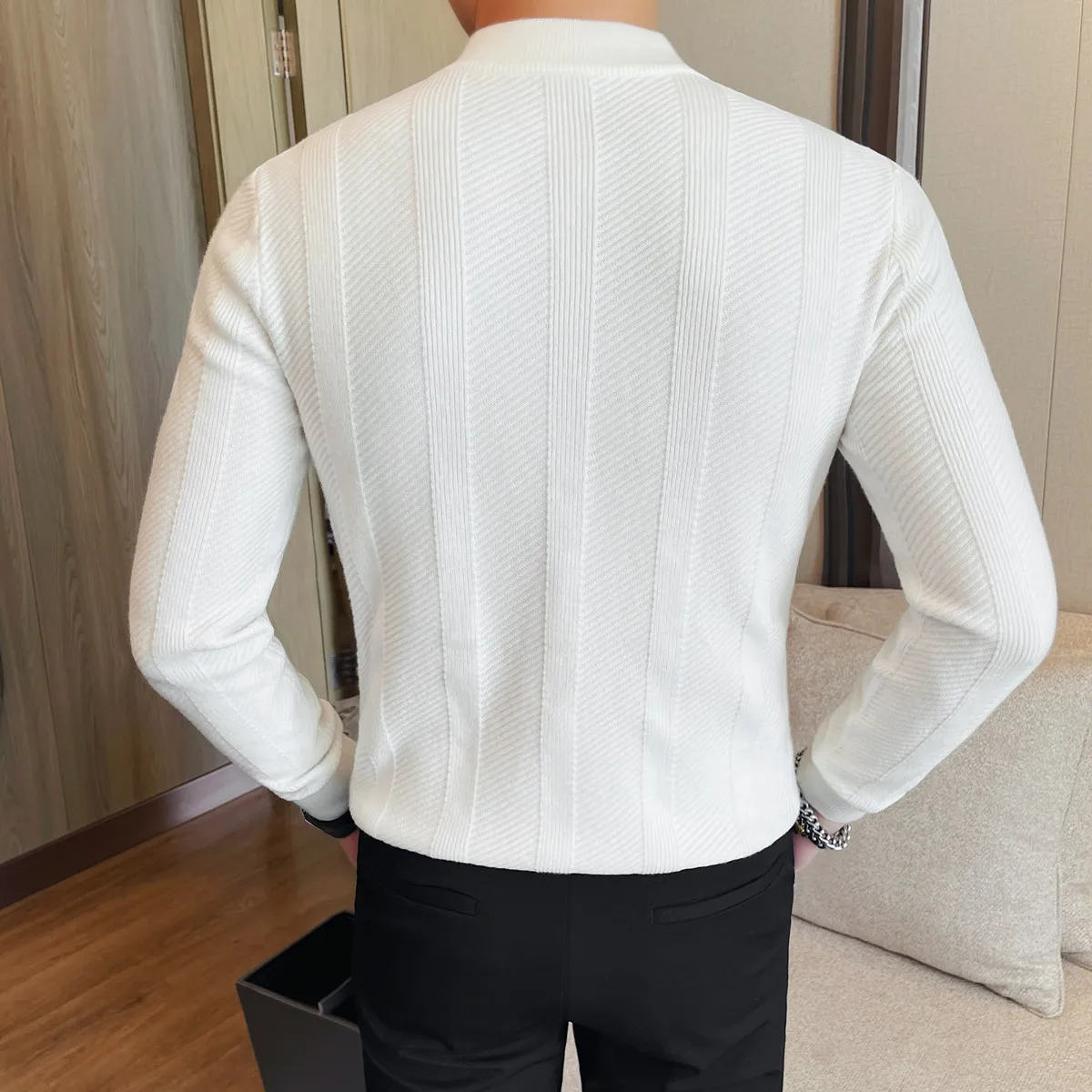 الرجال سترة الخريف الشتاء جديد سليم صالح الوقوف طوق سستة سترة مشغولة من الصوف موضة بلون دافئ تمتد متماسكة القمم معاطف #5