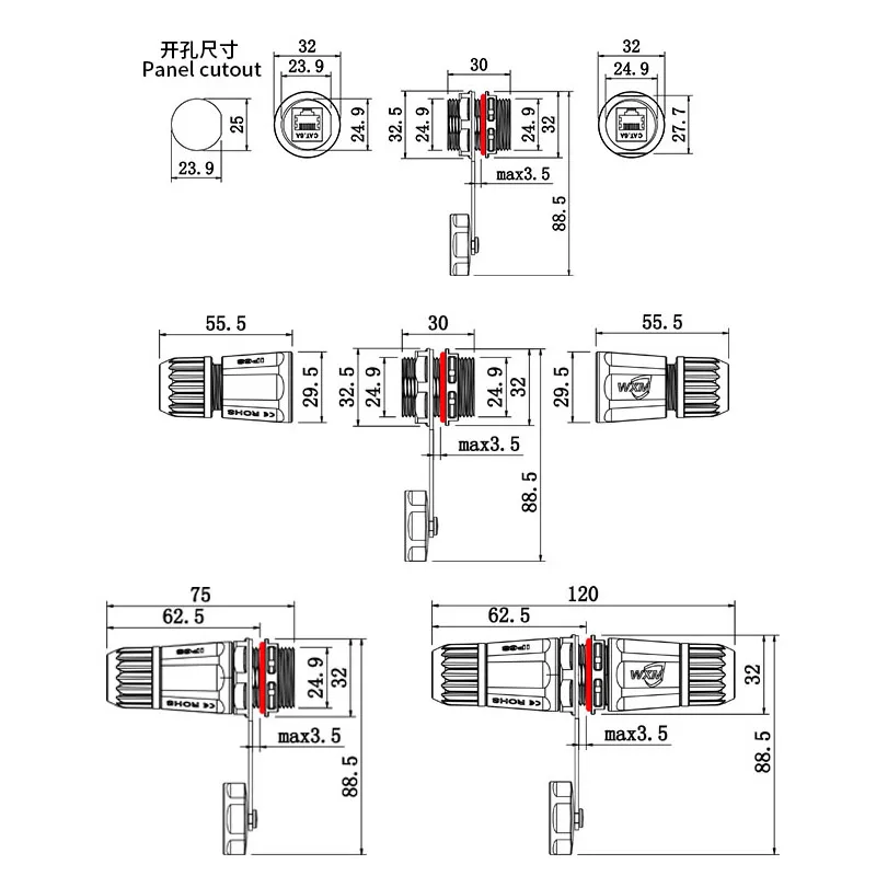 M25 RJ45 CAT6/CAT6A with Shield Network Waterproof Connector Panel Type Gigabit/10 Gigabit Aviation Plug 8Pin Gold Plating IP68