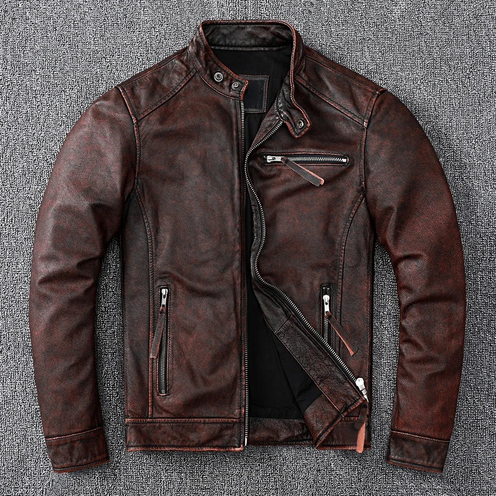 Brown Vintage Classic Biker Style Short Slim Genuine Jacket Men Casual Leather Coat Asian Size 6XL Autumn Wholesale