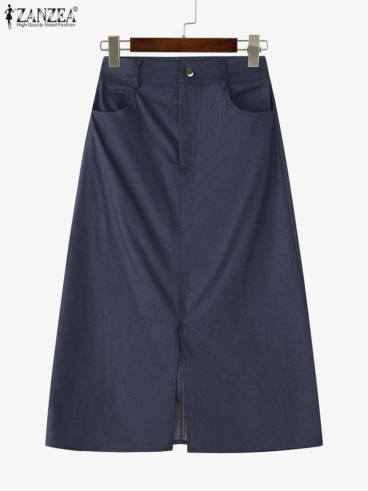 ZANZEA-faldas de verano para mujer, faldas vaqueras con bolsillos informales, ropa de media pantorrilla para mujer, pantalones de gran tamaño S-3XL
