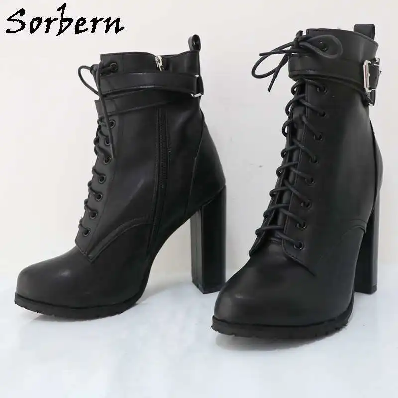 Sorbern Block High Heel Women Boots Ankle Straps Round Toe Hidden Platform Lace Up Shoes Chunky Heeled Short Booties Custom