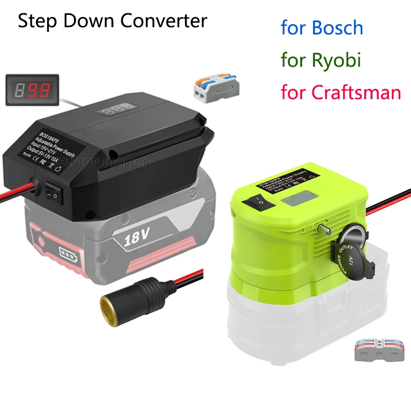 

18V to12V Step Down Converter for Bosch/Ryobi /Craftsman18V Battery DC 12V Power Wheel Adapter with Cigarette Lighter