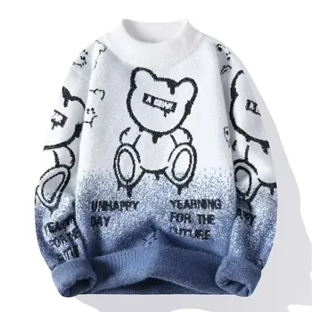 가을 겨울 남성 스웨터 플러시 따뜻한 쿨 베어 니트 스웨터 하라주쿠 하이 스트리트 슬림 피트 오 넥 탑 일본 남성 의류