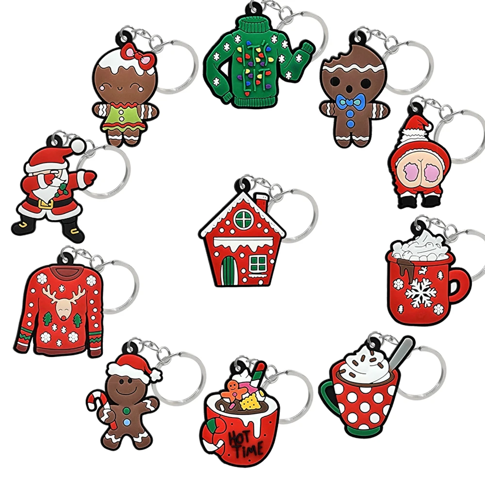 10PCS Christmas Day PVC Keychain Santa Claus Gingerbread Man Key Ring Red Green Kids Favor Holiday Gifts Key Chain Accessories