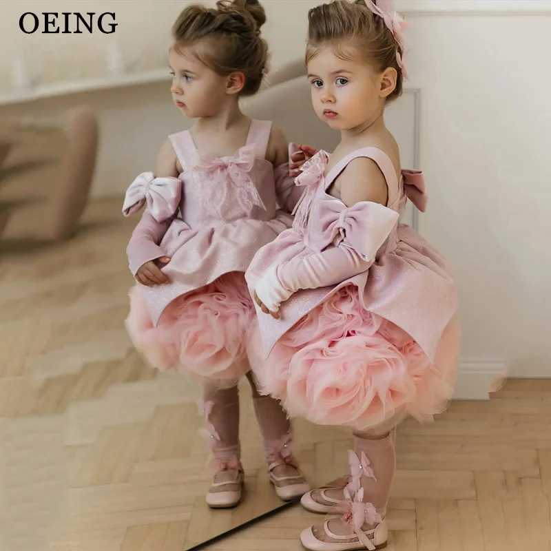 

OEING Cute Ball Flower Girl Dresses Pink Mini Bows Wedding Party Dress Sparkly 3D Flowers Princess Birthday Dress Customized