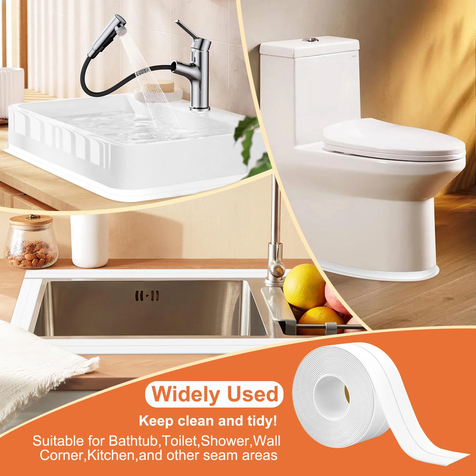 White Caulk Tape Waterproof Self Adhesive Toilet Caulk Sealant Bathtub Sealing Kitchen Bathroom Caulking Floor Wall Protector