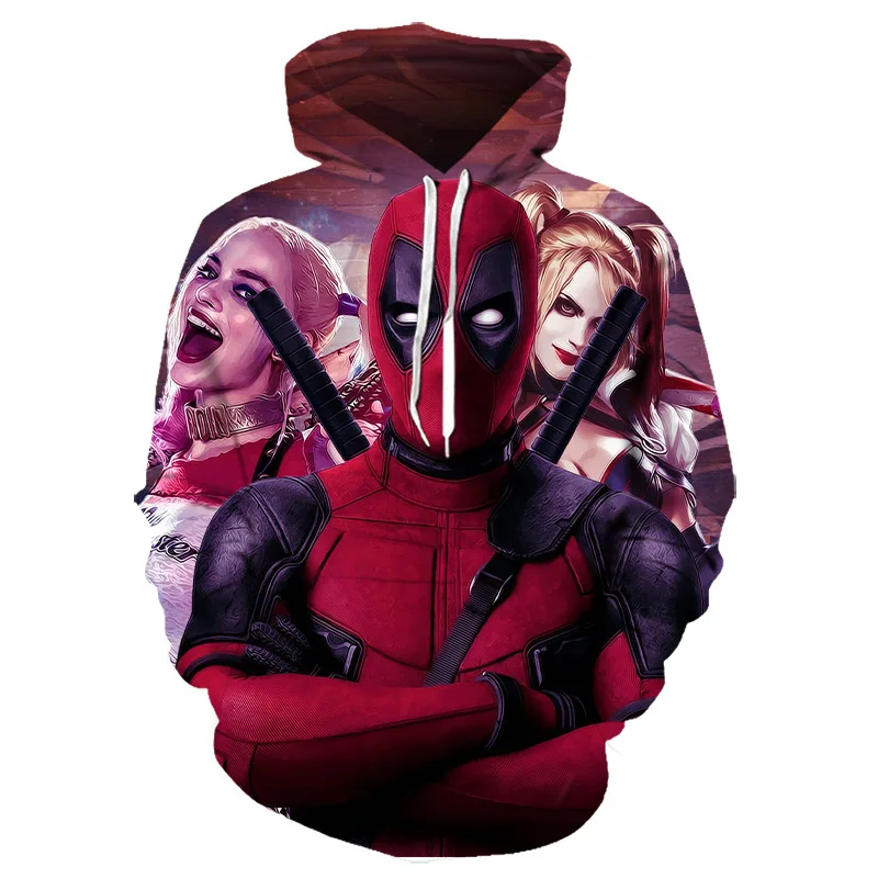 Homens e mulheres Marvel Homem-Aranha Deadpool com capuz solto, pulôver esportivo casual, manga comprida, impressão digital 3D,